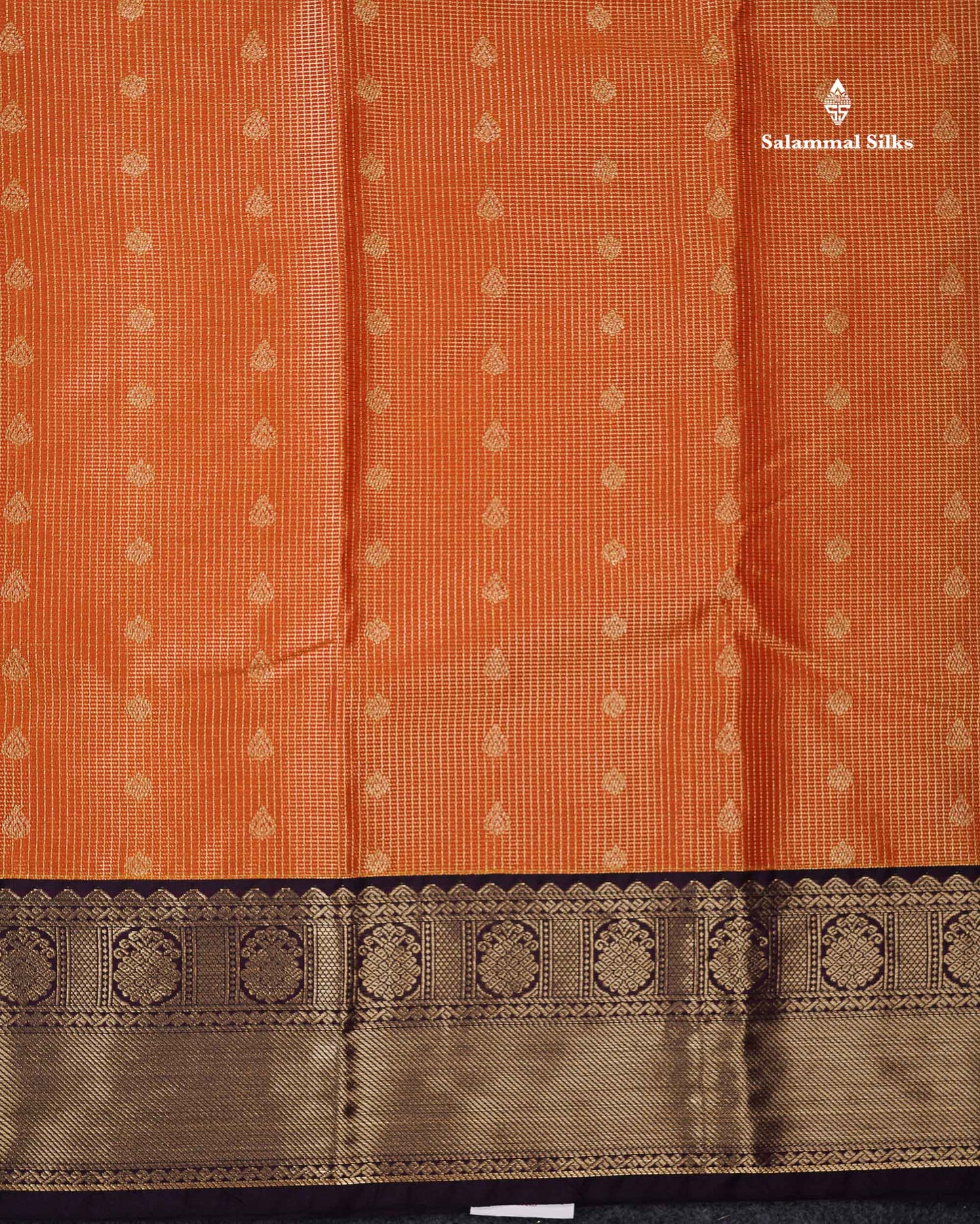 Semi Silk Saree - Orange Butta With Vaira Oosi Tiny Checks Along With Contrast Dark Purple Border