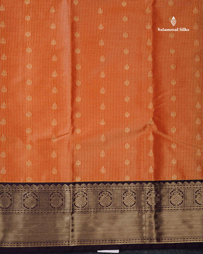 Semi Silk Saree - Orange Butta With Vaira Oosi Tiny Checks Along With Contrast Dark Purple Border