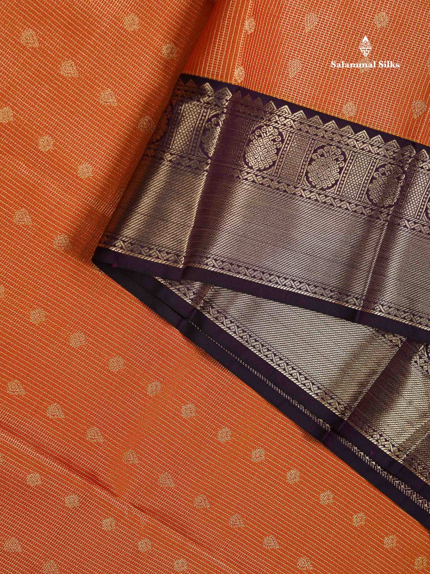 Semi Silk Saree - Orange Butta With Vaira Oosi Tiny Checks Along With Contrast Dark Purple Border