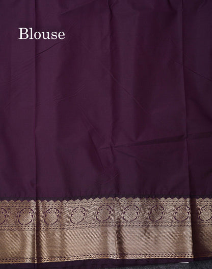 Semi Silk Saree - Orange Butta With Vaira Oosi Tiny Checks Along With Contrast Dark Purple Border