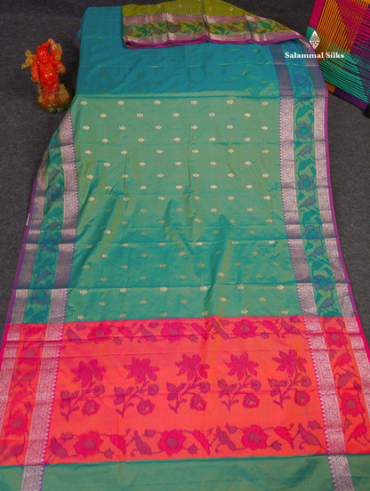 Semi Silk Saree - Sapphire Green Colour Body Zari Butta With Pochampally Fancy Border