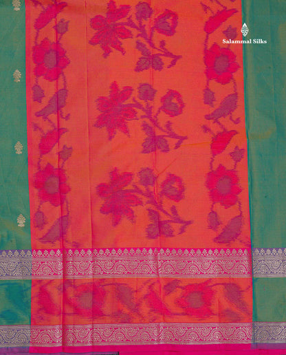Semi Silk Saree - Olive Green Colour Body Zari Butta With Pochampally Fancy Border