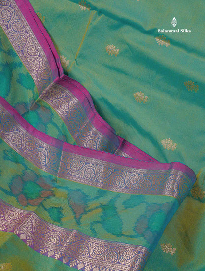 Semi Silk Saree - Olive Green Colour Body Zari Butta With Pochampally Fancy Border