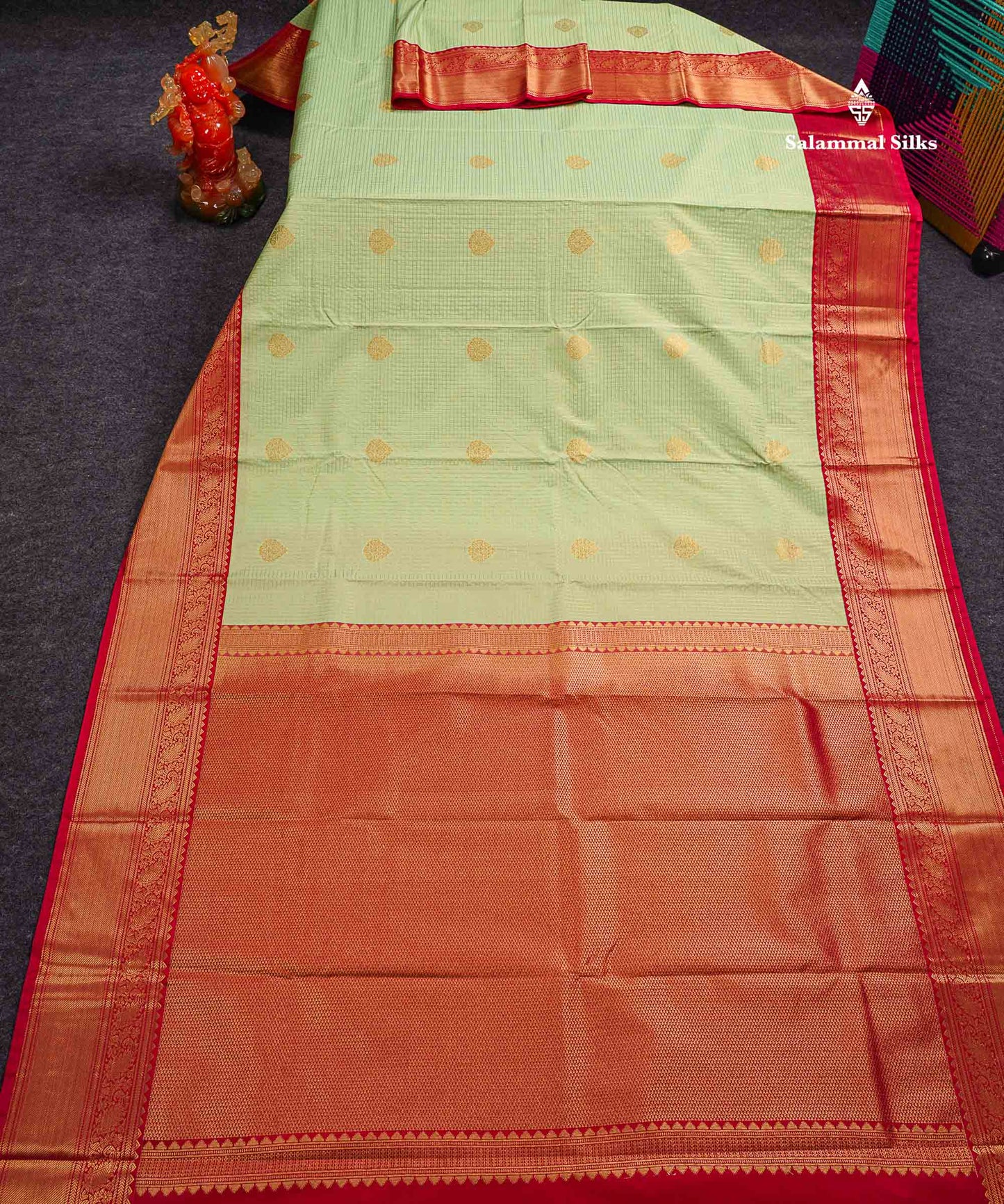 Semi Silk Saree - Light Rexona Green Butta With Small Checks Along With Contrast Pink Traditional Border