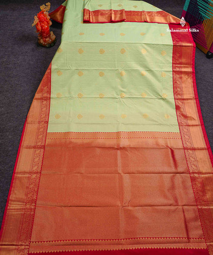 Semi Silk Saree - Light Rexona Green Butta With Small Checks Along With Contrast Pink Traditional Border