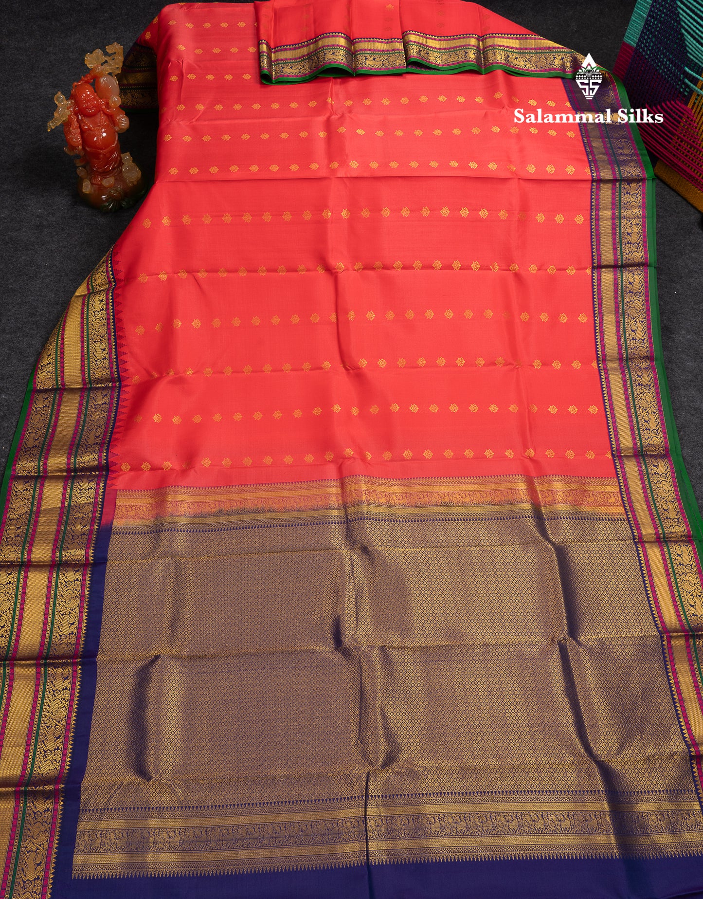 Beautiful Pinkish Peach Pure Kanjivaram Silk Saree With Contrast Navy Blue Traditional Evening Morning Border