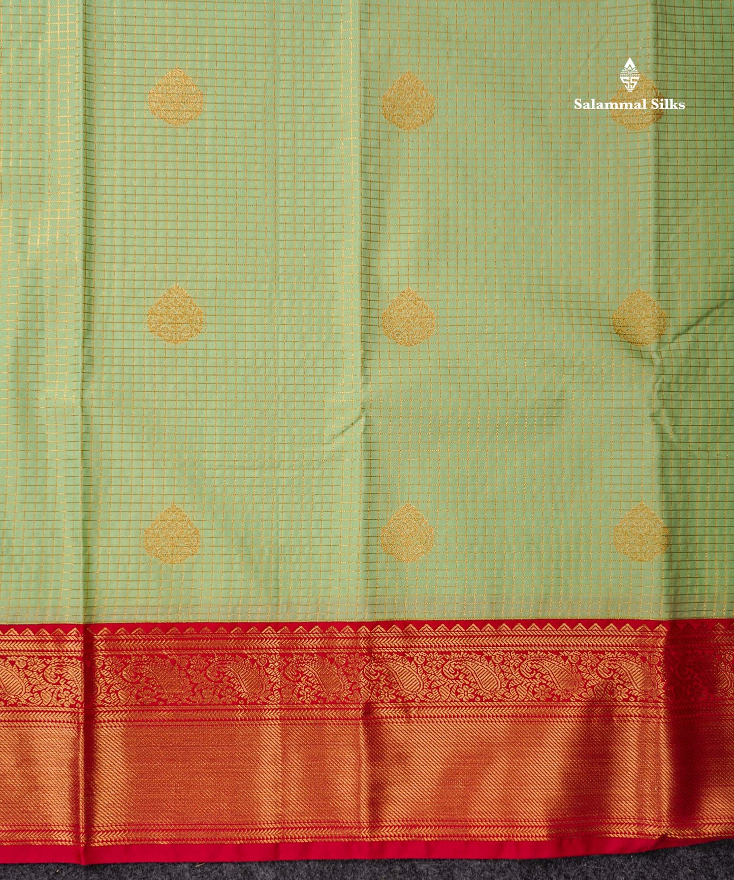 Semi Silk Saree - Light Rexona Green Butta With Small Checks Along With Contrast Pink Traditional Border