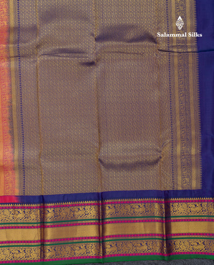 Beautiful Pinkish Peach Pure Kanjivaram Silk Saree With Contrast Navy Blue Traditional Evening Morning Border