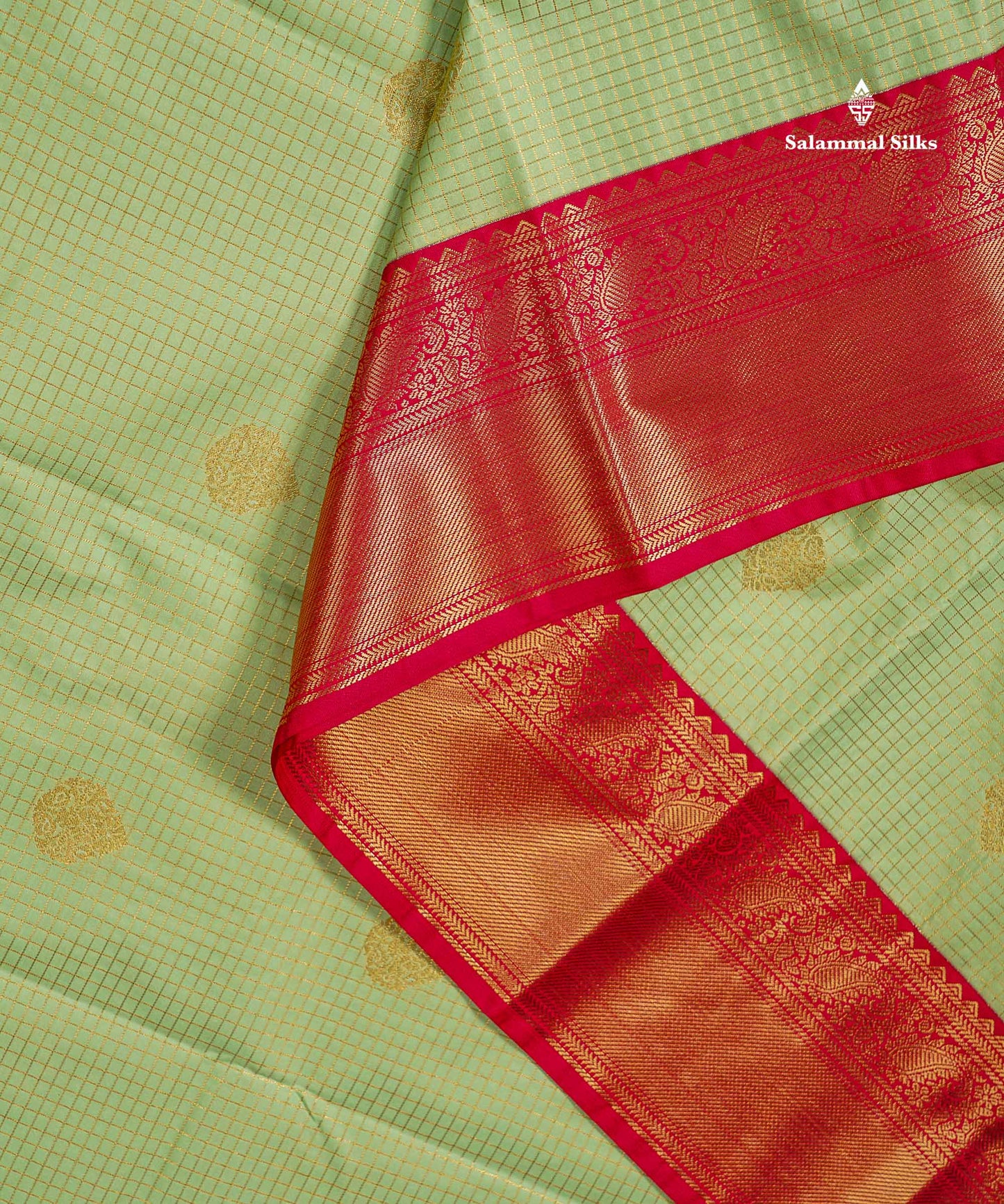 Semi Silk Saree - Light Rexona Green Butta With Small Checks Along With Contrast Pink Traditional Border