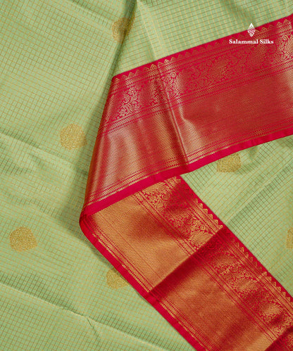 Semi Silk Saree - Light Rexona Green Butta With Small Checks Along With Contrast Pink Traditional Border