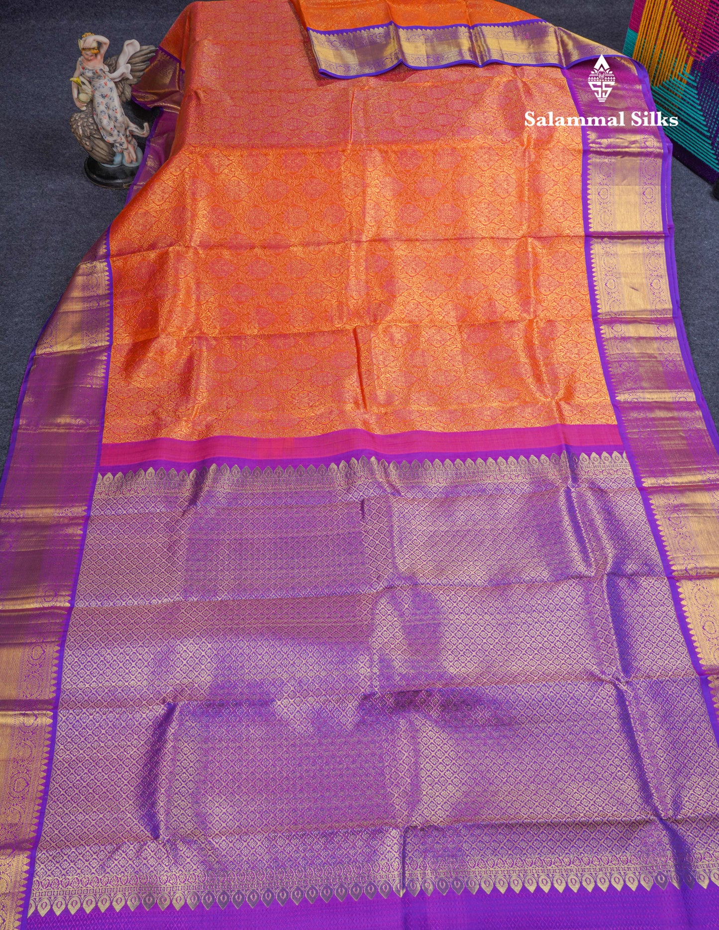 Beautiful Orange Bridal Pure Kanjivaram Silk Saree With Contrast Purple Traditional Border
