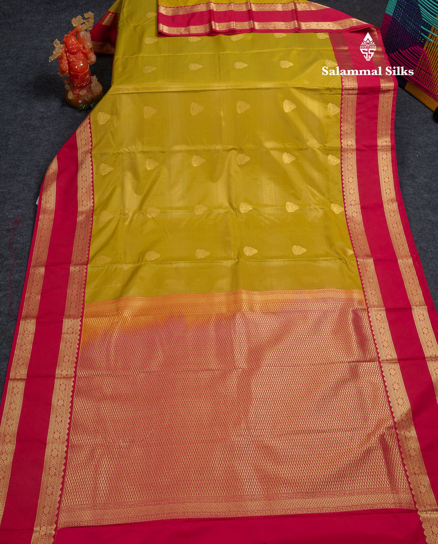 Beautiful Manthulir Yellow Vaira Oosi Lines With Butta Semi Silk Saree With Contrast Pink Traditional Gap Border