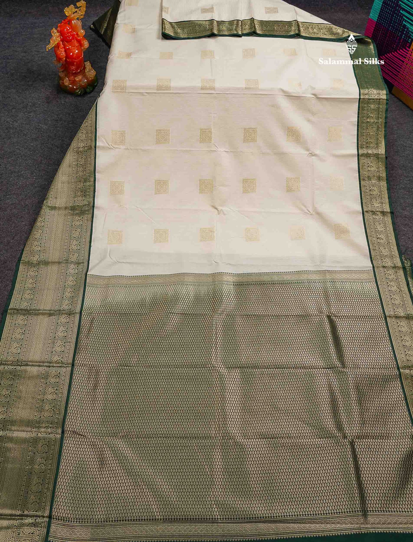 Semi Silk Saree - Half White Stripes With  Butta Along With Contrast Bottle Green Traditional Evening Morning Border