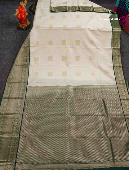 Semi Silk Saree - Half White Stripes With  Butta Along With Contrast Bottle Green Traditional Evening Morning Border