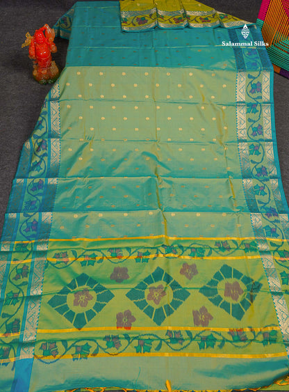 Semi Silk Saree - Sapphire Green Colour Body Zari Butta With Pochampally Fancy Border 