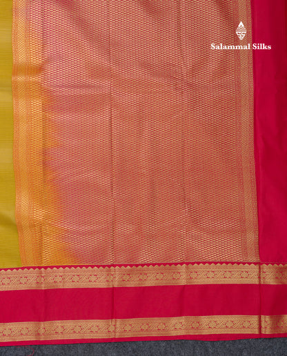 Beautiful Manthulir Yellow Vaira Oosi Lines With Butta Semi Silk Saree With Contrast Pink Traditional Gap Border