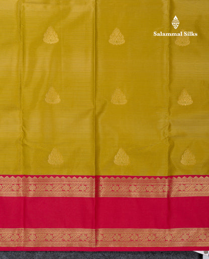 Beautiful Manthulir Yellow Vaira Oosi Lines With Butta Semi Silk Saree With Contrast Pink Traditional Gap Border