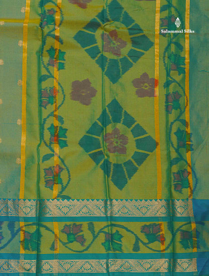 Semi Silk Saree - Sapphire Green Colour Body Zari Butta With Pochampally Fancy Border