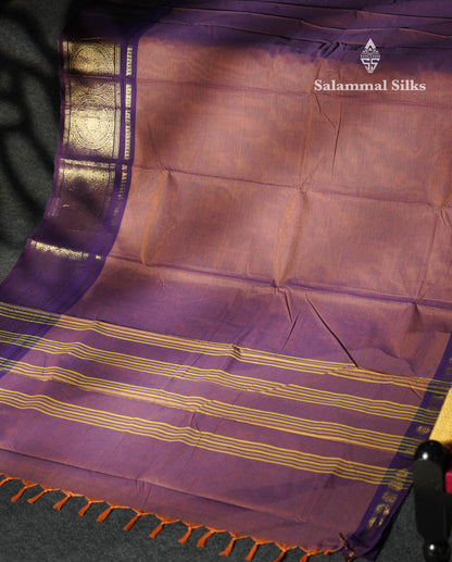 Beautiful Dual Tone Brown Plain Pure Chettinad Cotton Saree With Contrast Violet Traditional Evening Morning Border