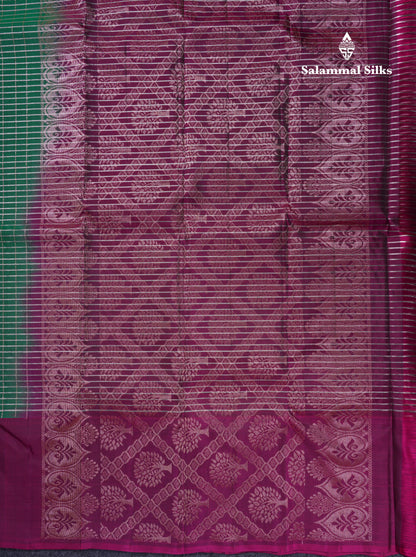 Bottle Green Checks Pure Silk Mix Saree With Contrast Magenta Fancy Border