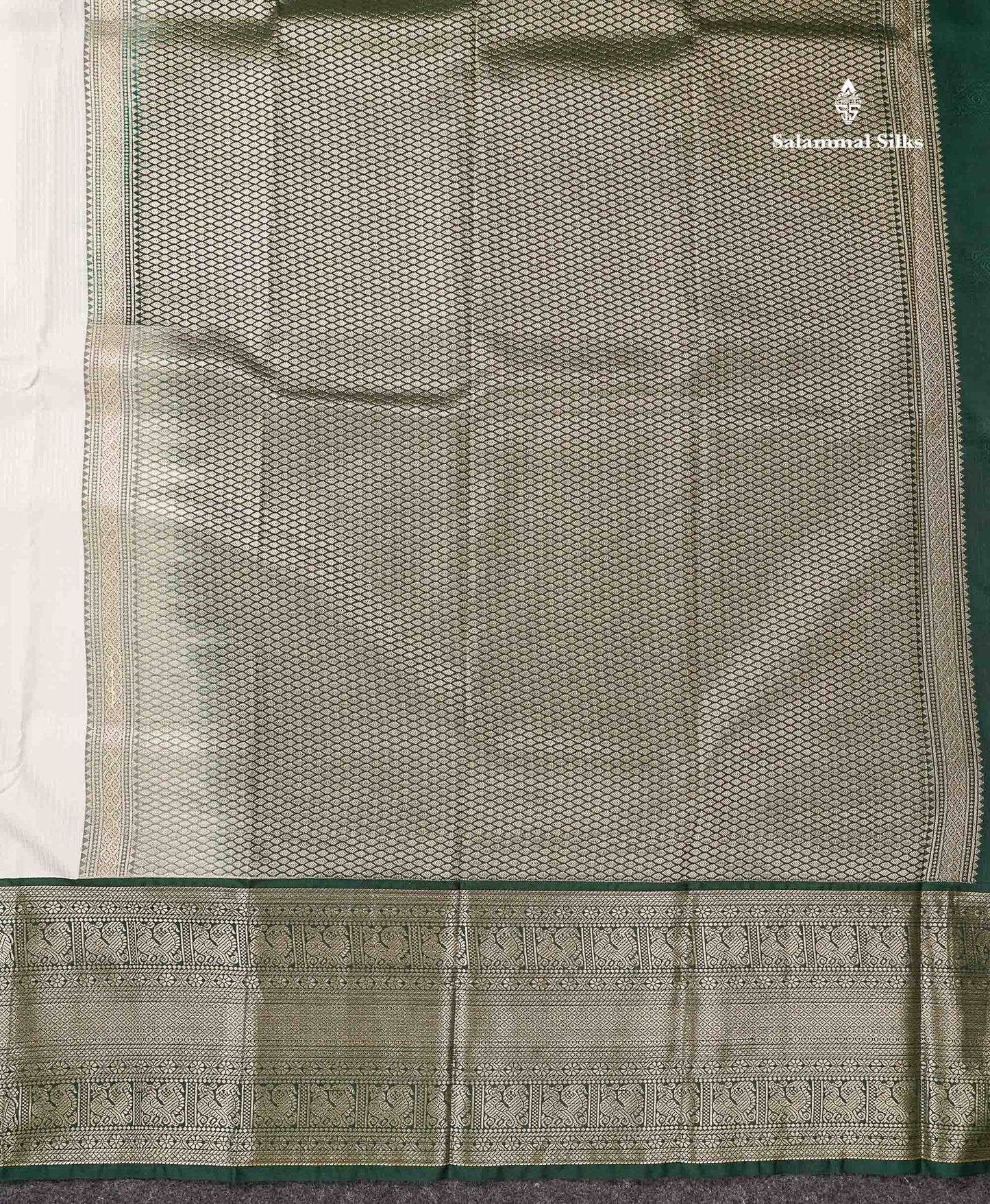 Semi Silk Saree - Half White Stripes With  Butta Along With Contrast Bottle Green Traditional Evening Morning Border