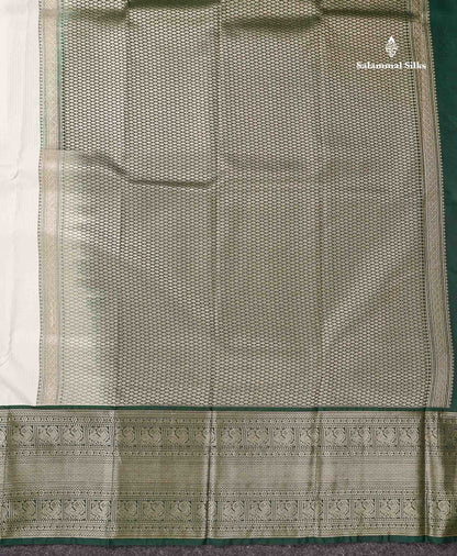 Semi Silk Saree - Half White Stripes With  Butta Along With Contrast Bottle Green Traditional Evening Morning Border
