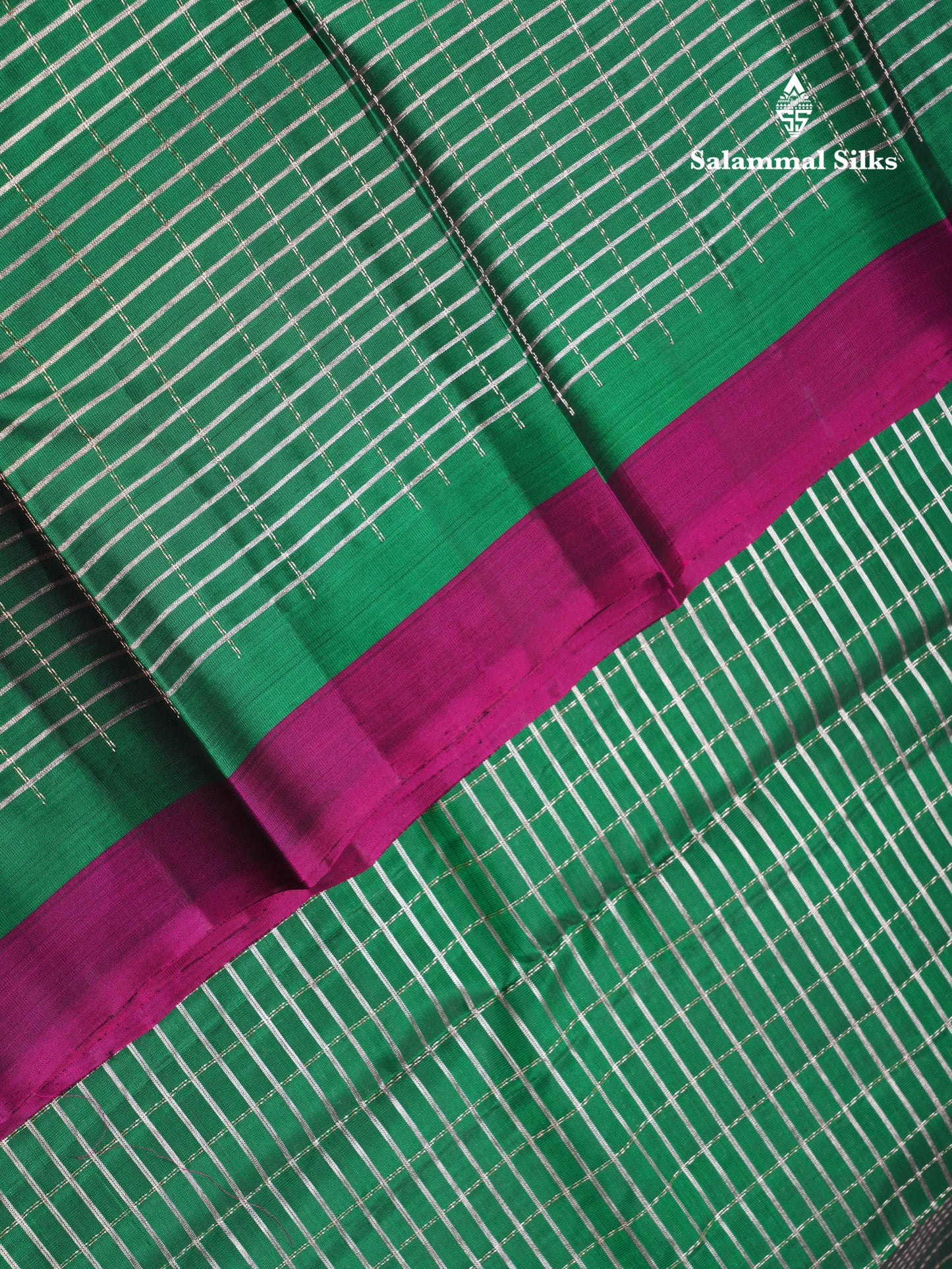 Bottle Green Checks Pure Silk Mix Saree With Contrast Magenta Fancy Border