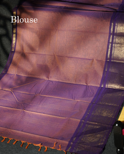 Beautiful Dual Tone Brown Plain Pure Chettinad Cotton Saree With Contrast Violet Traditional Evening Morning Border
