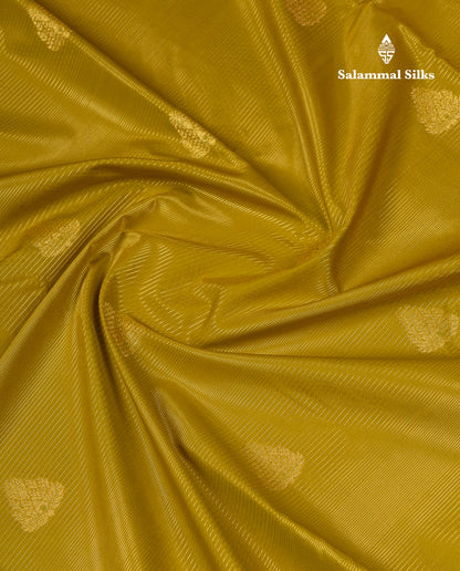 Beautiful Manthulir Yellow Vaira Oosi Lines With Butta Semi Silk Saree With Contrast Pink Traditional Gap Border