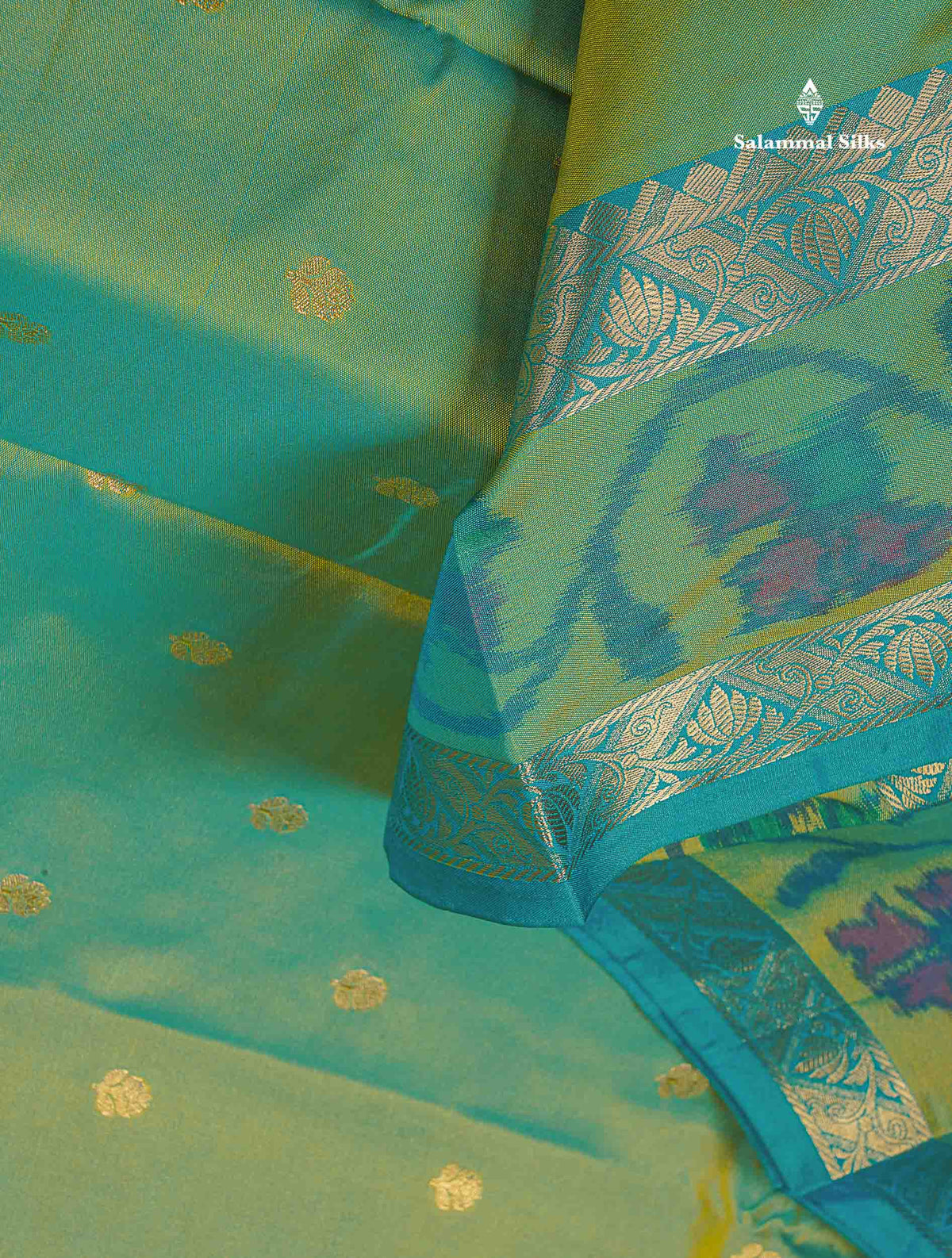 Semi Silk Saree - Sapphire Green Colour Body Zari Butta With Pochampally Fancy Border