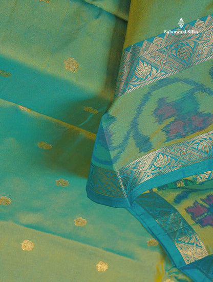Semi Silk Saree - Sapphire Green Colour Body Zari Butta With Pochampally Fancy Border