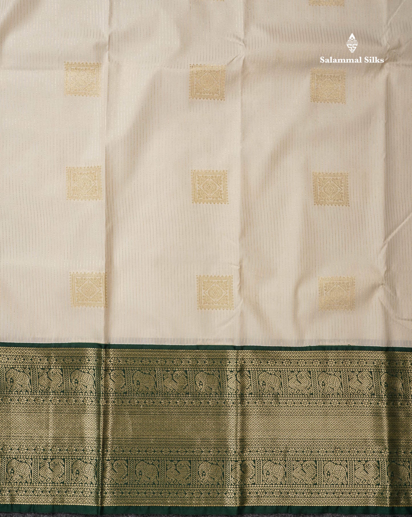 Semi Silk Saree - Half White Stripes With  Butta Along With Contrast Bottle Green Traditional Evening Morning Border