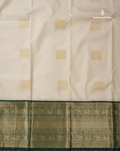 Semi Silk Saree - Half White Stripes With  Butta Along With Contrast Bottle Green Traditional Evening Morning Border