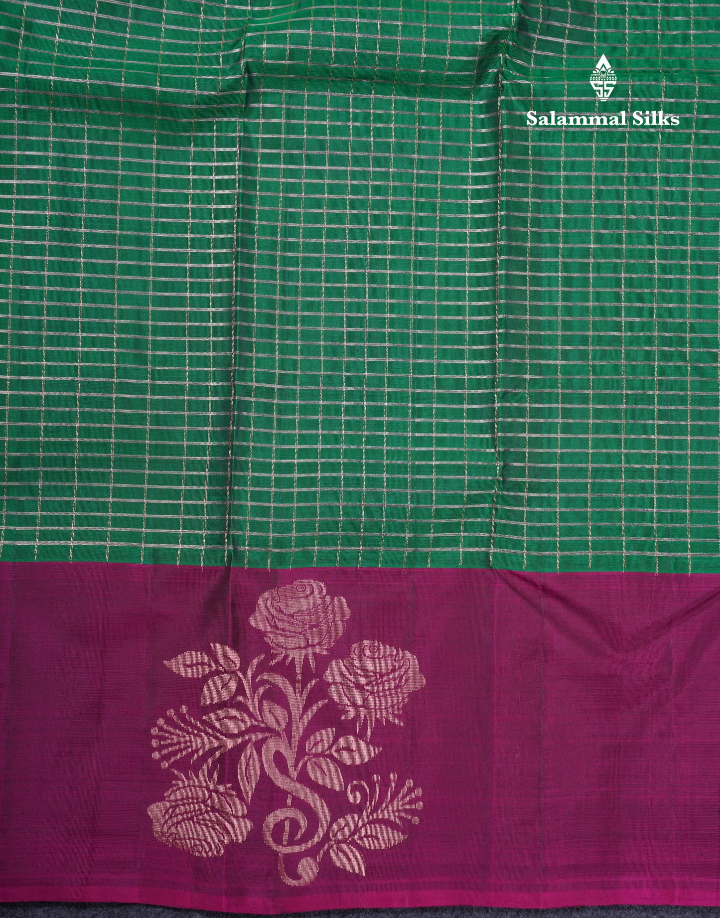 Bottle Green Checks Pure Silk Mix Saree With Contrast Magenta Fancy Border