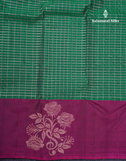 Bottle Green Checks Pure Silk Mix Saree With Contrast Magenta Fancy Border