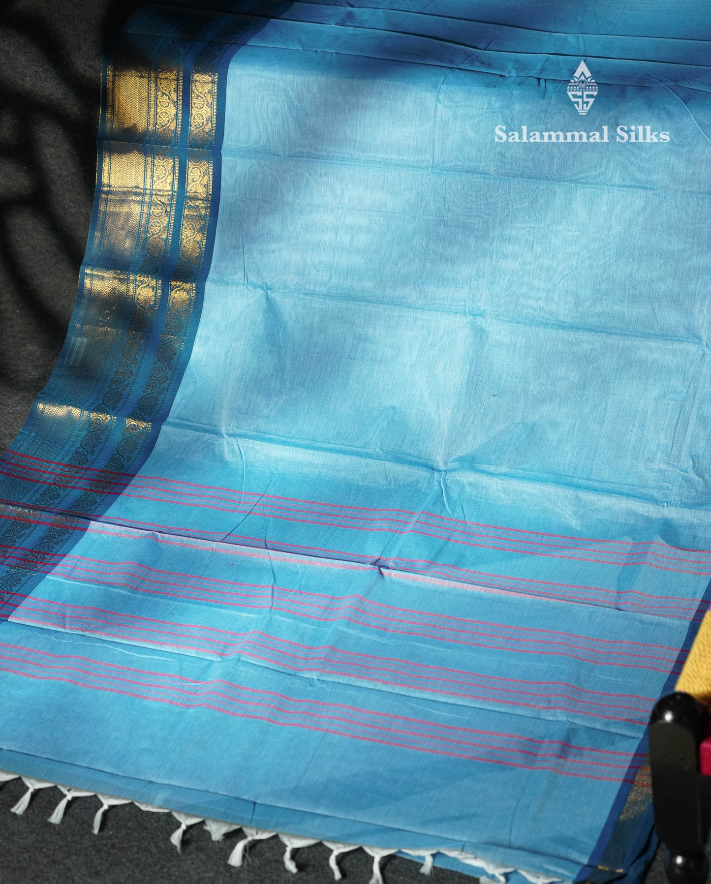Beautiful Light Blue Plain Pure Chettinad Cotton Saree With Contrast Peacock Blue Traditional Evening Morning Border