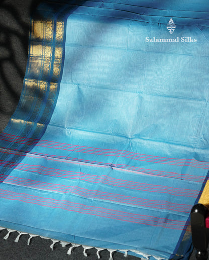 Beautiful Light Blue Plain Pure Chettinad Cotton Saree With Contrast Peacock Blue Traditional Evening Morning Border