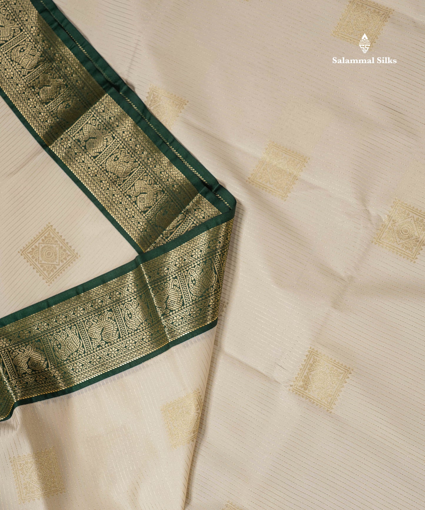 Semi Silk Saree - Half White Stripes With  Butta Along With Contrast Bottle Green Traditional Evening Morning Border