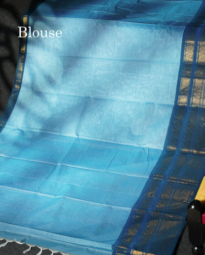 Beautiful Light Blue Plain Pure Chettinad Cotton Saree With Contrast Peacock Blue Traditional Evening Morning Border