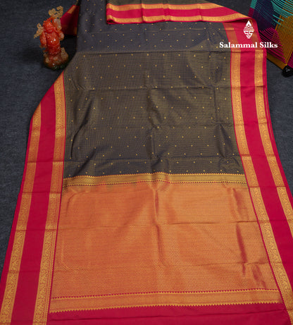 Beautiful Dark Navy Blue Small Checks With Butta Semi Silk Saree With Contrast Pink Traditional Gap Border