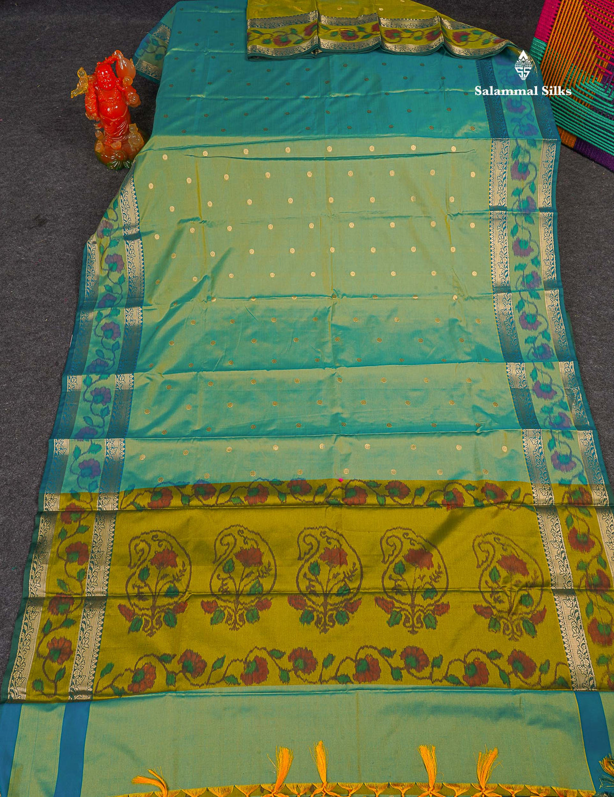 Semi Silk Saree - Sapphire Green Colour Body Zari Butta With Pochampally Fancy Border