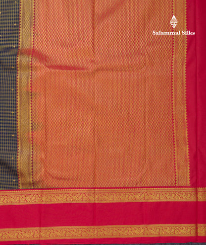 Beautiful Dark Navy Blue Small Checks With Butta Semi Silk Saree With Contrast Pink Traditional Gap Border