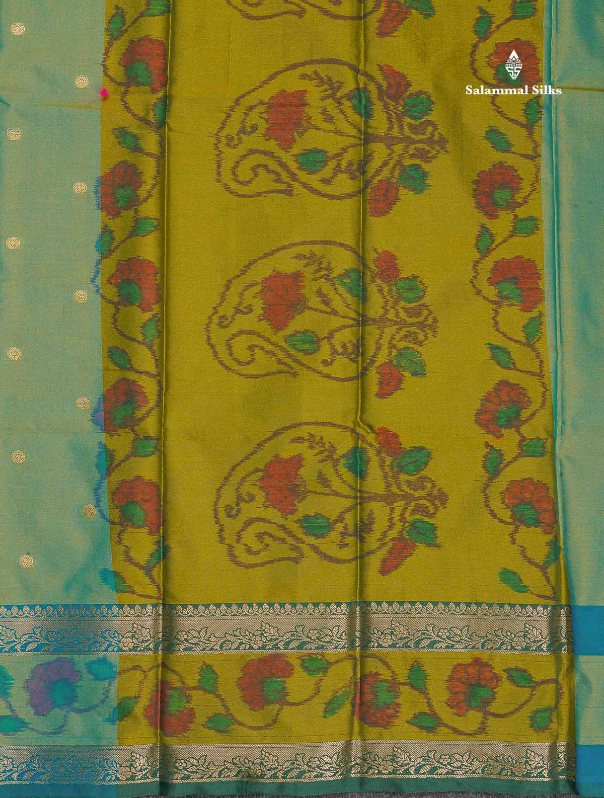 Semi Silk Saree - Olive Green Colour Body Zari Butta With Pochampally Fancy Border