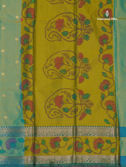 Semi Silk Saree - Olive Green Colour Body Zari Butta With Pochampally Fancy Border