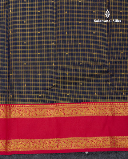 Beautiful Dark Navy Blue Small Checks With Butta Semi Silk Saree With Contrast Pink Traditional Gap Border
