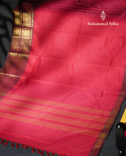 Beautiful Rust Orange Plain Pure Chettinad Cotton Saree With Contrast Dark Brown Traditional Evening Morning Border