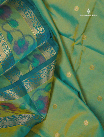 Semi Silk Saree - Olive Green Colour Body Zari Butta With Pochampally Fancy Border