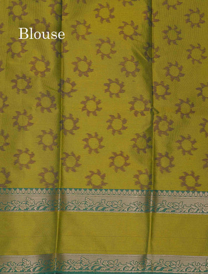 Semi Silk Saree - Olive Green Colour Body Zari Butta With Pochampally Fancy Border