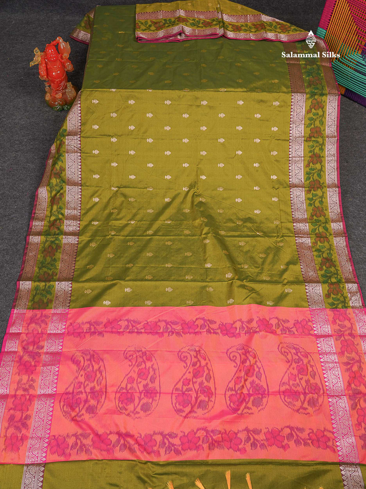 Semi Silk Saree - Olive Green Colour Body Zari Butta With Pochampally Fancy Border