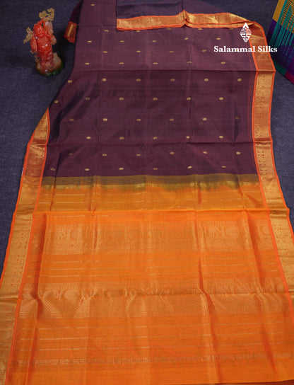 Beautiful Dark Brown Pure Silk Cotton Saree With Contrast Orange Traditional Border